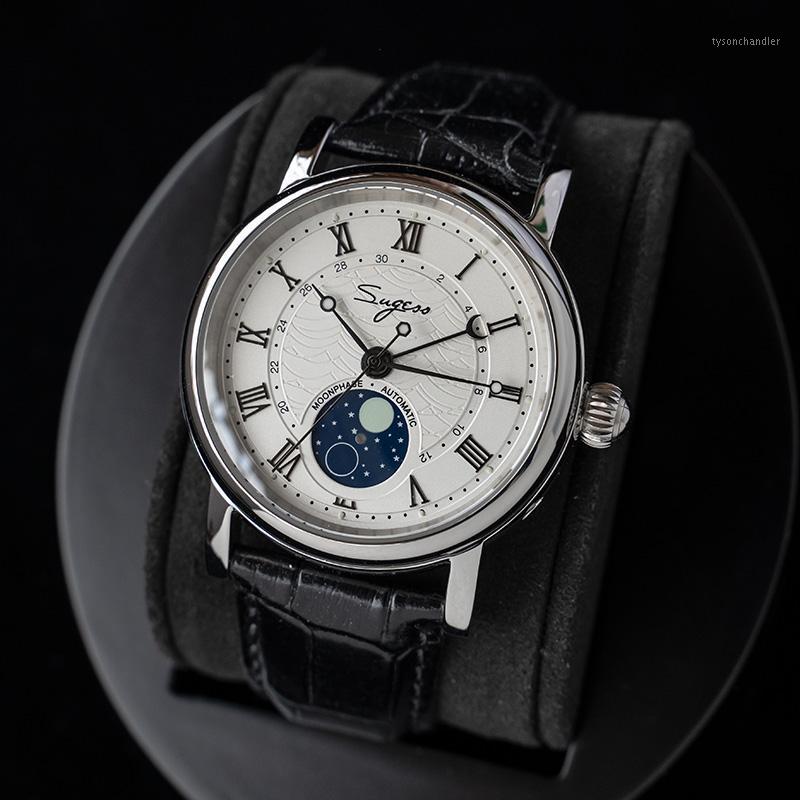

Wristwatches SUGESS Mechanical Chronograph Watch Men Seagull ST2108 Movement Automatic Sapphire Moon Phase Luminous Pointer Leather, Blue