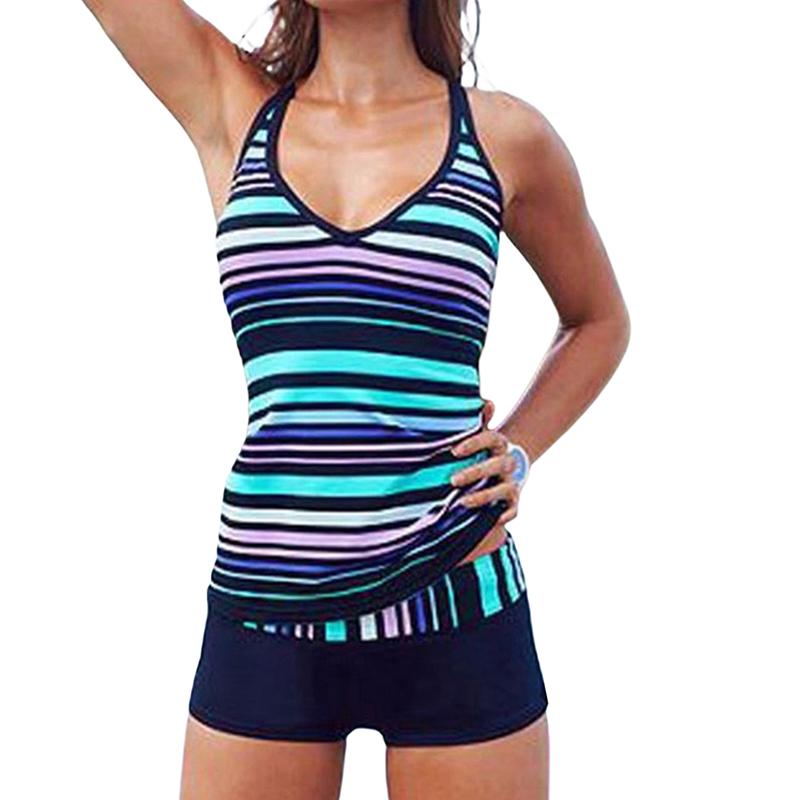 

Women' Swimwear Women Two Piece Tankinis Swimsuit Stripe Pattern V-neck Spaghetti Straps Tops Middle Waist Patchwork PantieWomen, Black
