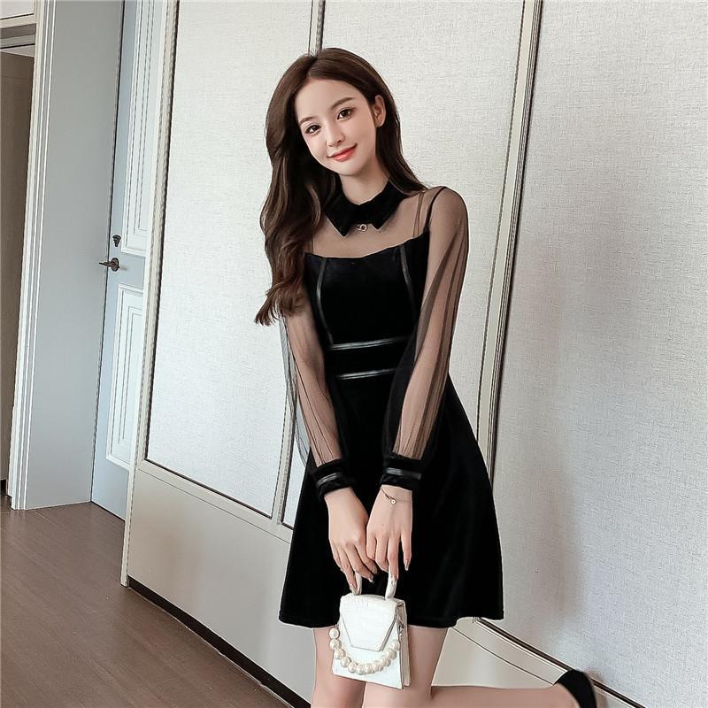 

Casual Dresses COIGARSAM Patchwork Women Dress Full Sleeve Mesh Black 9379