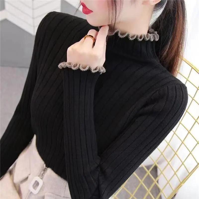 

Women's Sweaters Lucyever Ruffles Chic Patchwork Sweater Women Spring Korean Fashion Turtleneck Knitted Pullovers Causal Inner Wear Slim Jum, Black
