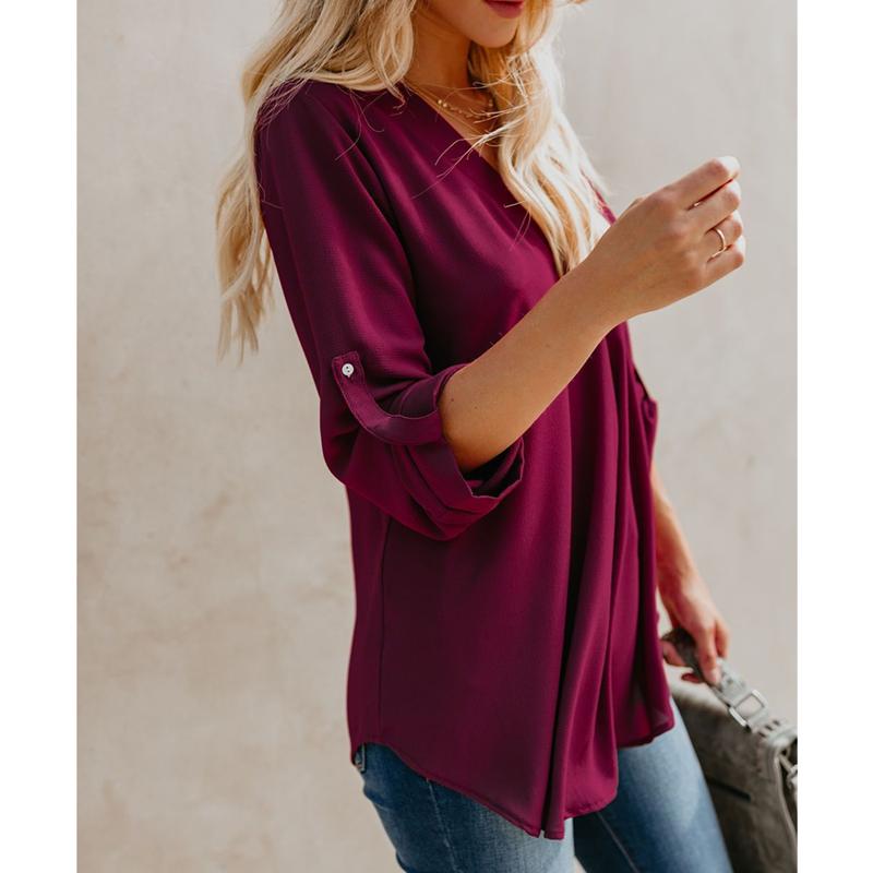 

Women's Blouses & Shirts V-Neck Women Casual European Style Three Quarter Sleeve Chiffon Ladies Tops Solid Color Spring Autumn Female, White