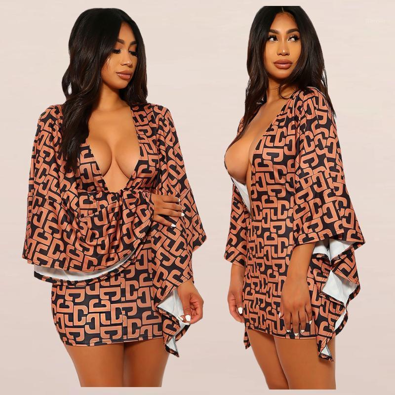 

Casual Dresses Women Sexy Deep V Letter Print Flare Dress 2022 Fashion Bodycon Party Nightclub Mini Short Femme Streetwear, Brown