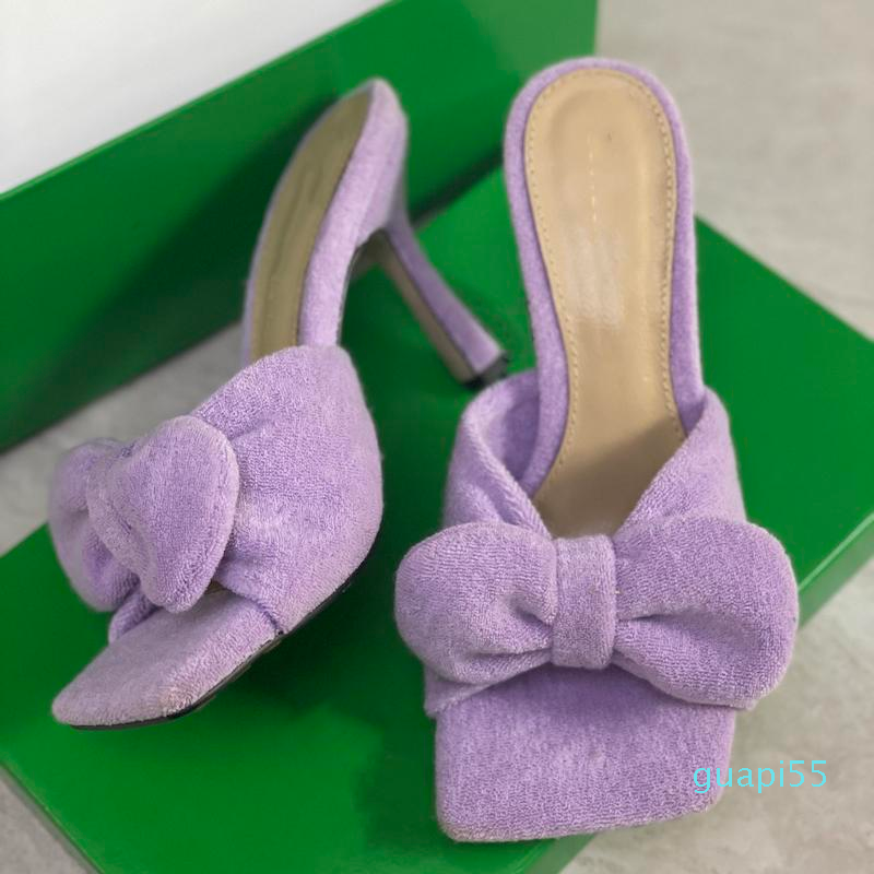 

2022 Designer Women Bowtie Sandals Summer Slipper Holiday Style Towel Mules Slides Sandal Sexy Party High Heels Sandals Shoes, Box
