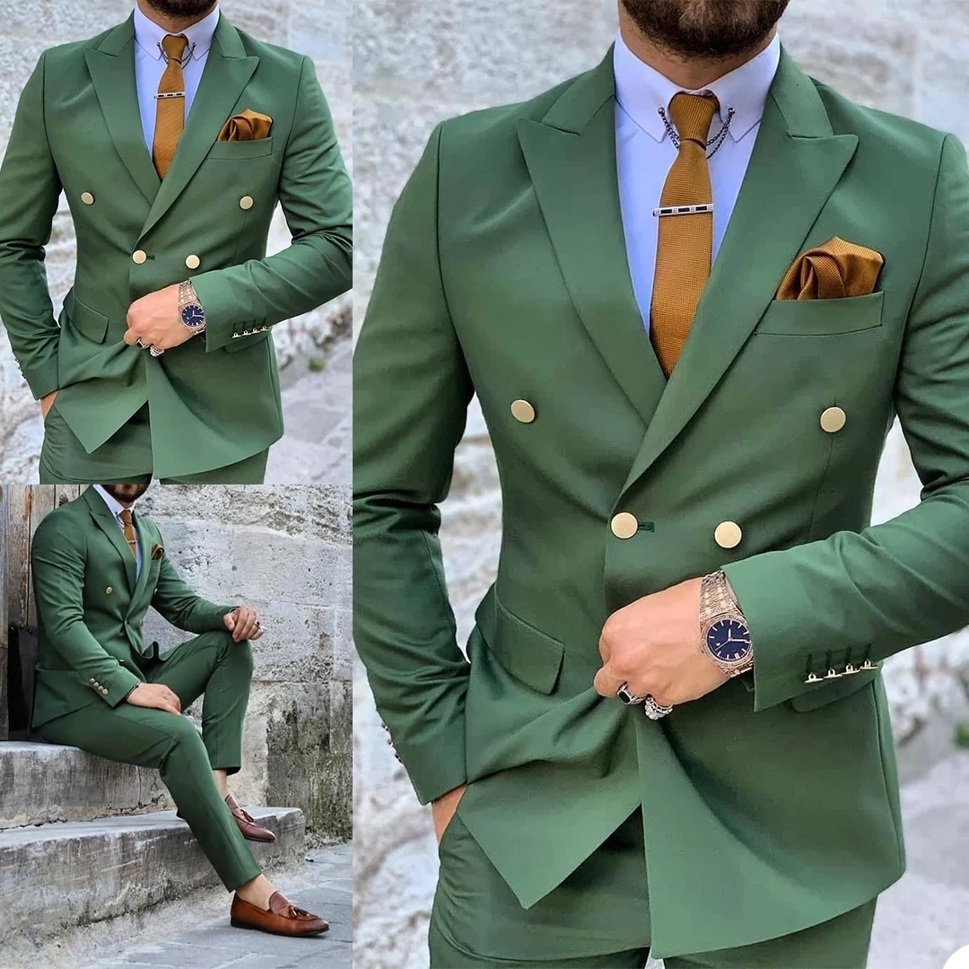 Fashion Menwear Green Double Breasted Men Costumes Tuxedo de mariage sur mesure Terno Masculino Prom Groom 2 PCS Blazer Jacket Pant