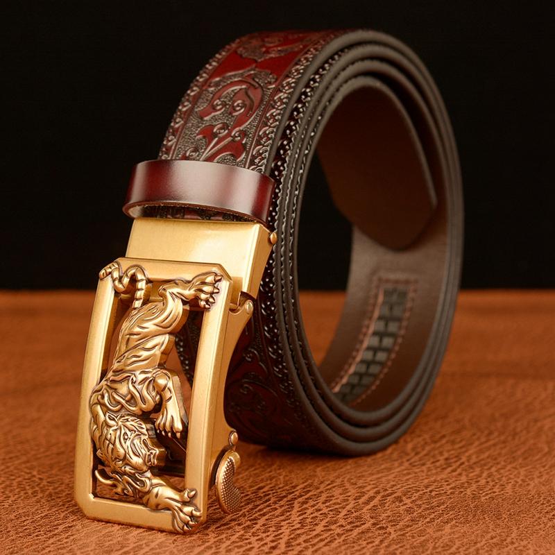 

Belts Arrivel Tigger Buckle With Tang Grass Pattern Leather Belt For Men Work Of Art Automatic BuckleBelts, Black