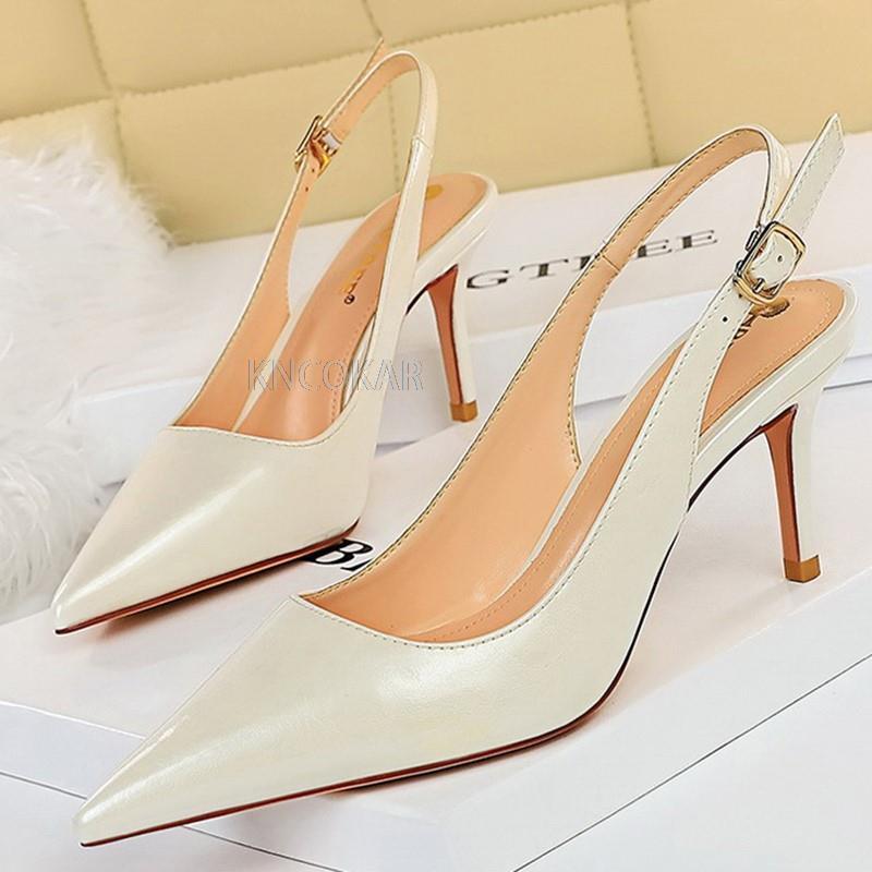

Sandals 2022 Summer Elegant Women Glitter Pink Yellow Heels Slingback 7cm Stiletto High Wedding Shoes Plus Size, Pink 7cm heels