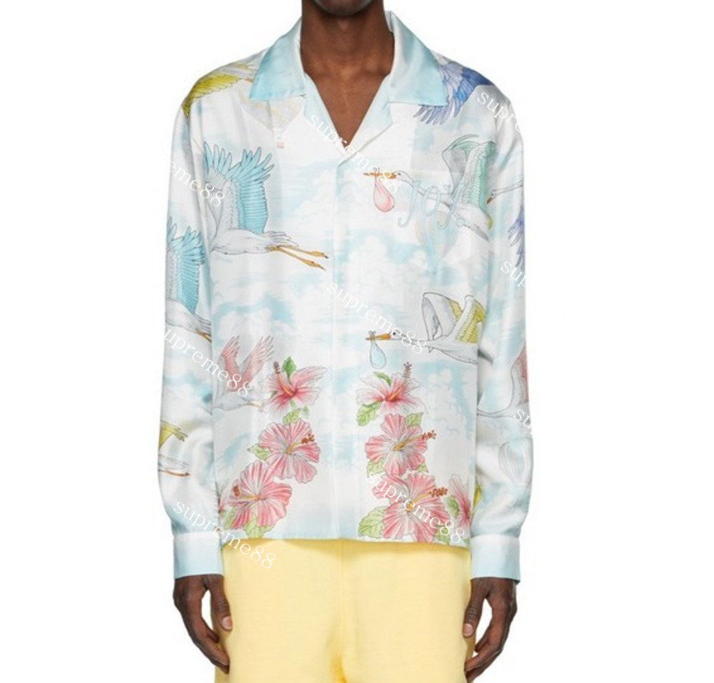 

Casablanca mens summer designer open neck silk blue shirt long sleeves shirts, Beige