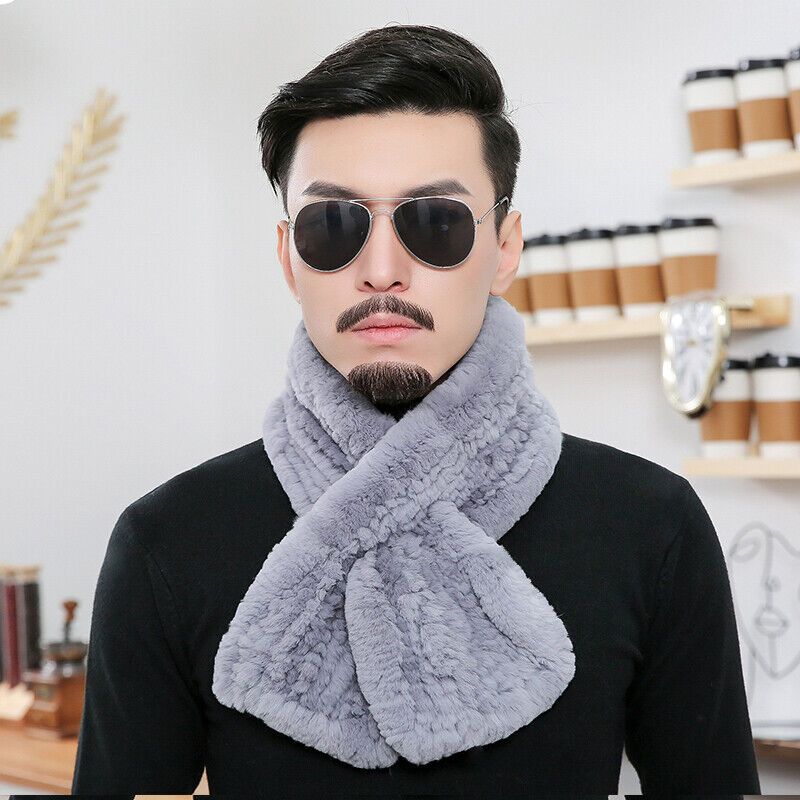 

Men's Real Rex Rabbit Fur Scarf Wraps Unisex Winter Warm Muffler Neckerchief