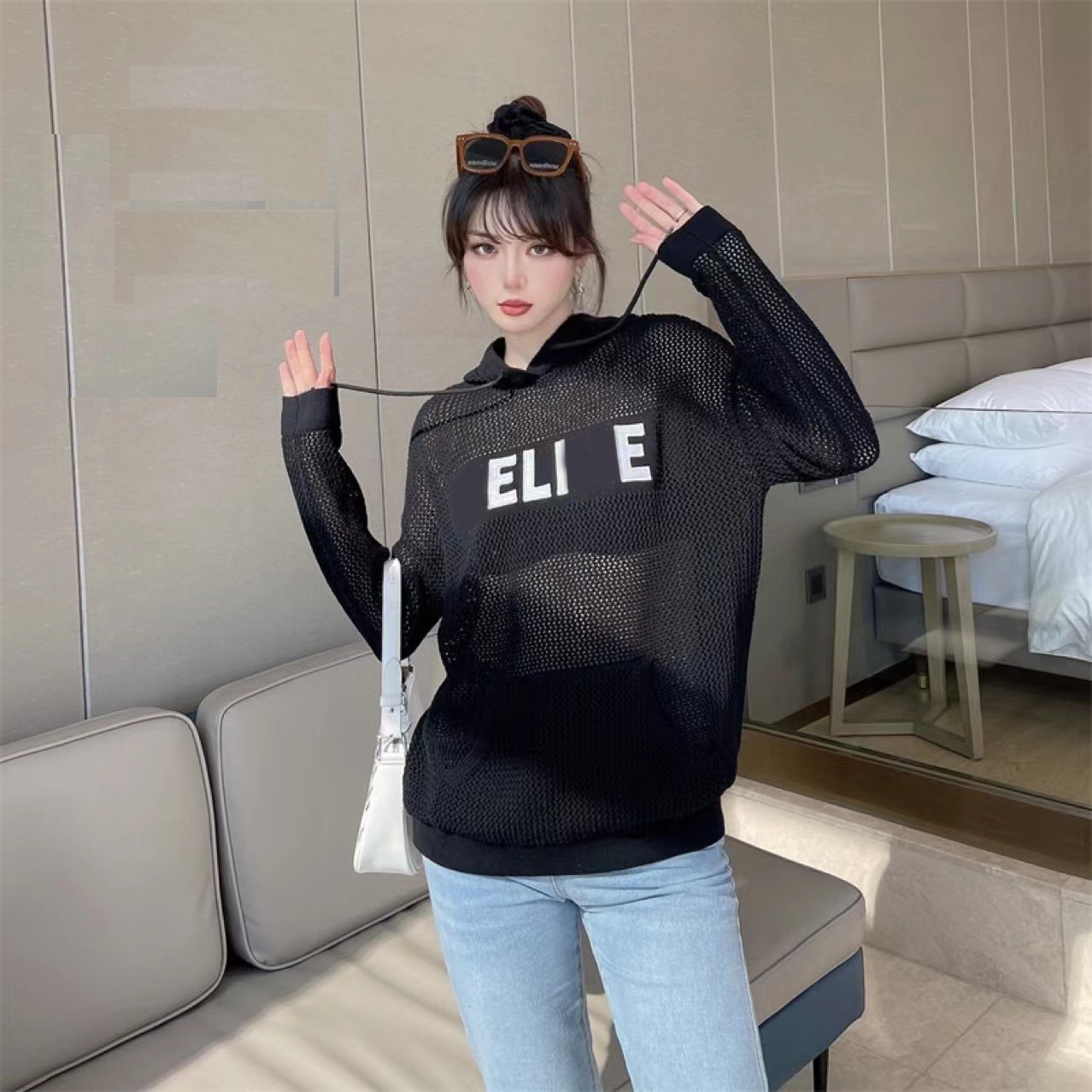 

Luo Jian Hollow Hoodie for Short Women: 2022 Casual Top with Lazy Style & Hooded Design, White