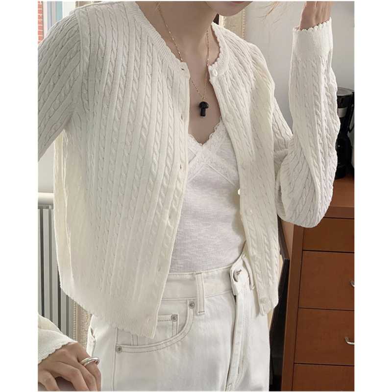 

Women's Knits & Tees White Women's Tops Korean Fashion Casual Wild Round Neck Twist Knitted Single-Breasted Long Sleeves Autumn Cardigan