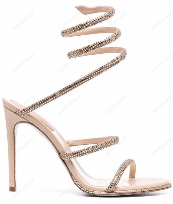 

RENE CAOVILLA Cleo open toe sandals crystal embellished spiral snake tail sandals twining rhinestone sandal women Top quality Hot Blue Cleam stiletto heels shoes, Only a boxes