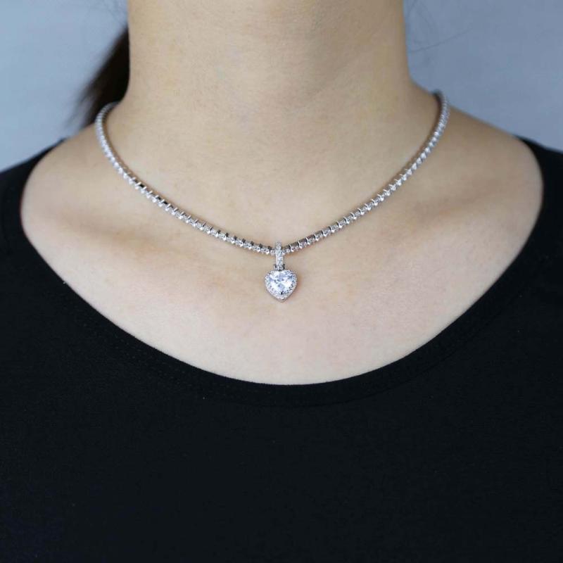 

Chokers Arrived Bling 3mm Cz Tennis Chain Choker Necklace With Heart Pendant Paved Women Lady Wedding Jewelry WholesaleChokers