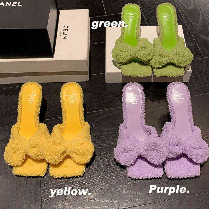 

Fairygirl ~ Cute Plush Slippers Bowknot High-heeled Sexy Thin Heels Wer Word nd Hlf Drg Girl, Green