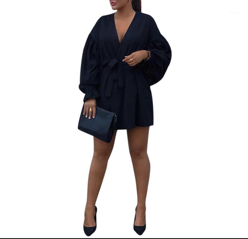 

Casual Dresses Fashion Autumn Women Dress Sexy V Neck Puff Sleeve Office Ladies Work Black Long Mini Party Night Club Robe, As pic