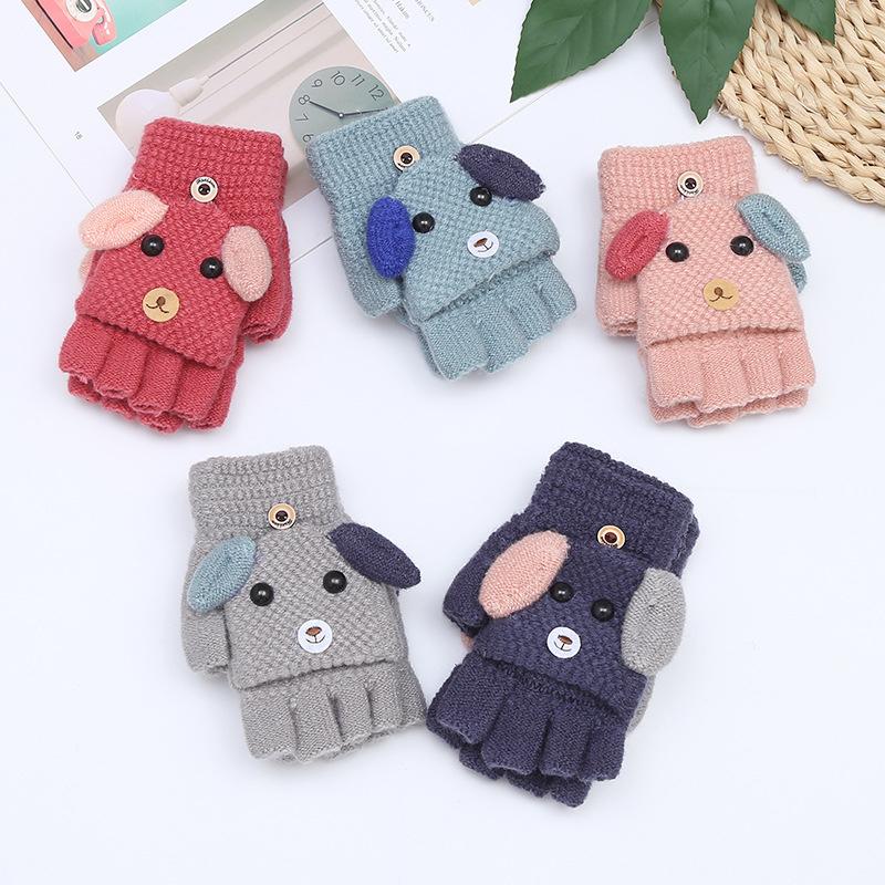 

Five Fingers Gloves Children Kids Winter Warm Convertible Flip Top Cartoon Puppy Dog Knitted Plush Lined Flap Cover Fingerless Mittens