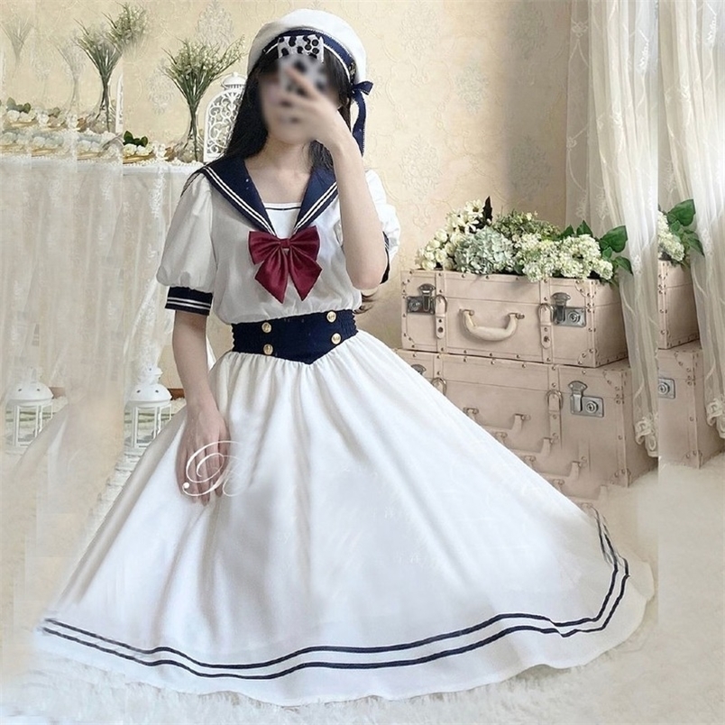 

Hikigawa Preppy Sweet Woman Dress Chic Sailor Collar Puff Sleeve Vestidos Female Robe Lolita Summer Cute Women  es 220613, White and bow