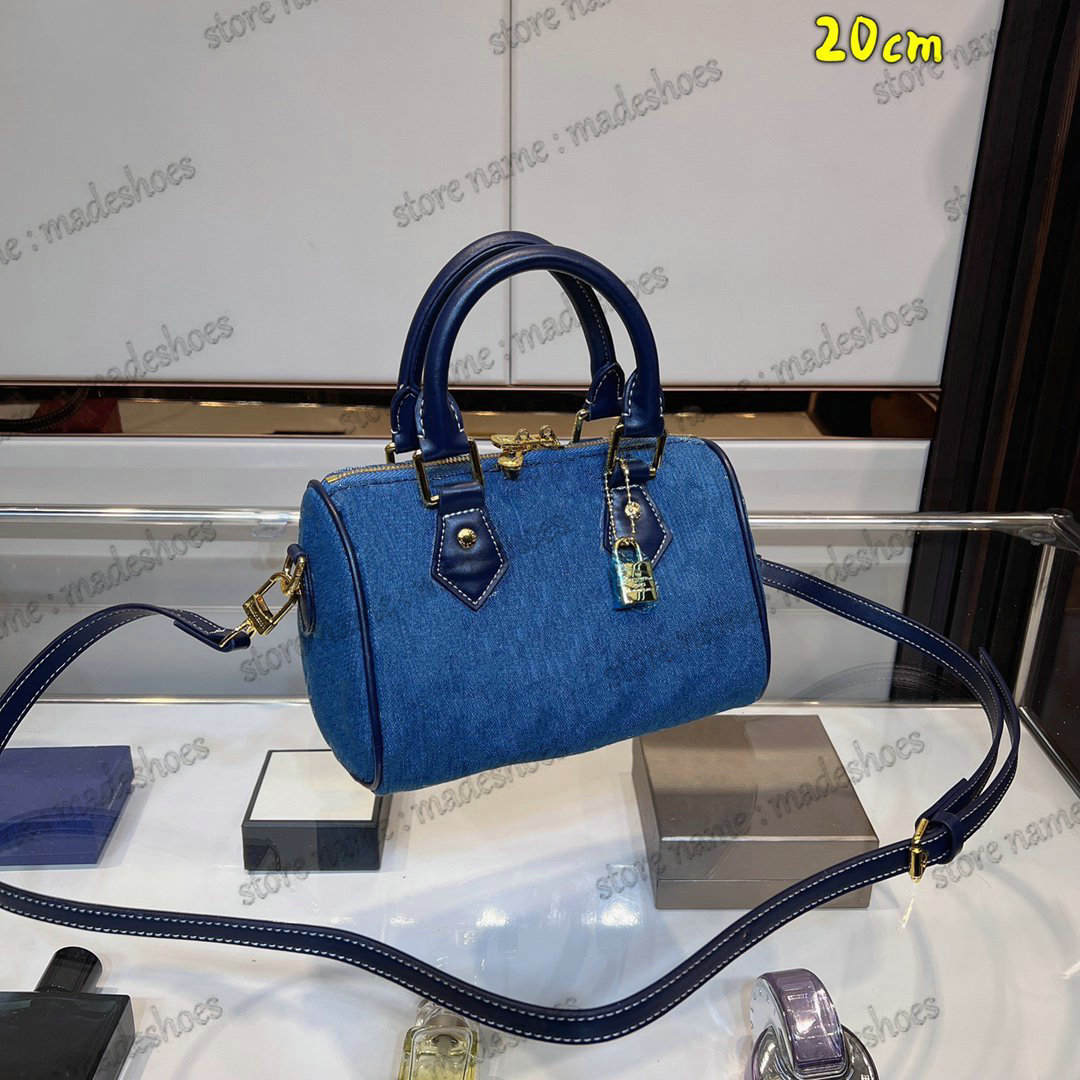 

Speedy Bandouliere 20cm Denim Blue Pink Boston Bag 16cm Nano Super Mini Designer Womens Cross Body Luxurys Jacquard Handle Bag 25cm