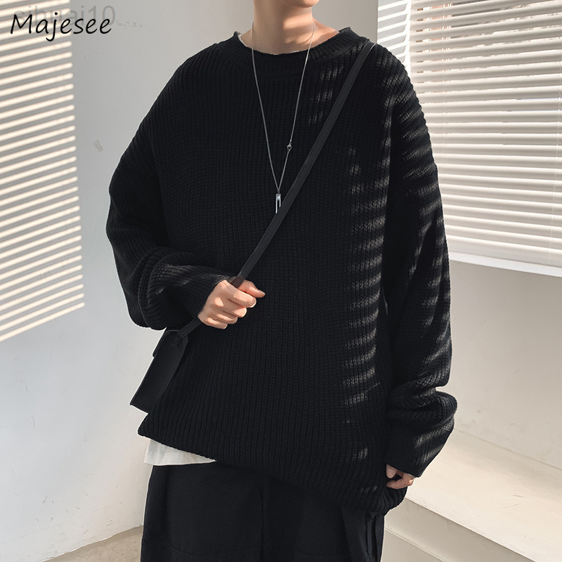 

Sweaters Men Solid Simple Fashion All-Match Chic Ins Harajuku Korean Style dents Streetwear Loose Fall O-Neck Handsome Retro L220801, Black sweaters