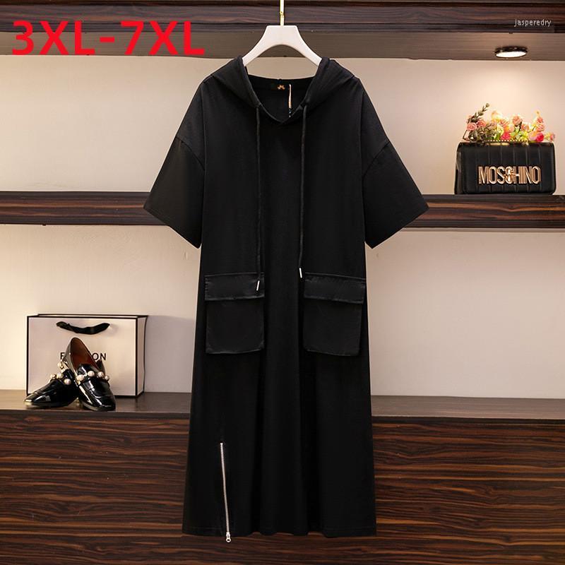 

Plus Size Dresses 2022 Summer Hoodie Dress For Women Large Loose Short Sleeve Black Cotton Pocket 3XL  5XL 6XL 7XL Jasp22