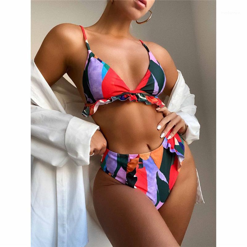 

Women' Swimwear Colorful Ruffled Frilled High Waist Bikini Female Swimsuit Women Two-pieces Set Bather Bathing Suit Swim