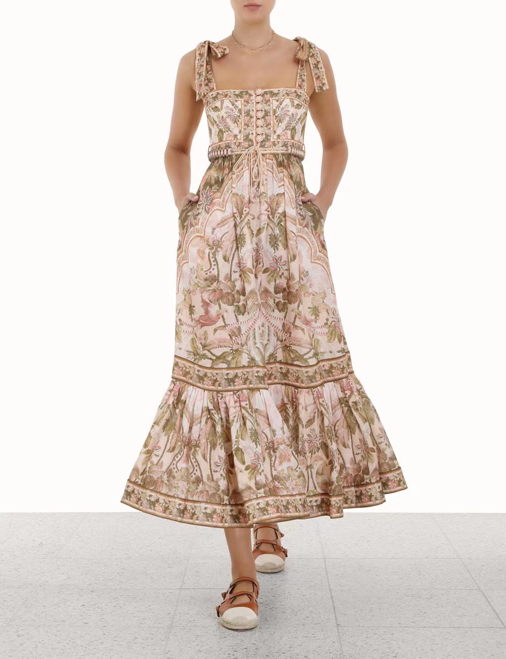 

2022 zim 100% LINEN shoulder lace holiday suspender skirt, Multi