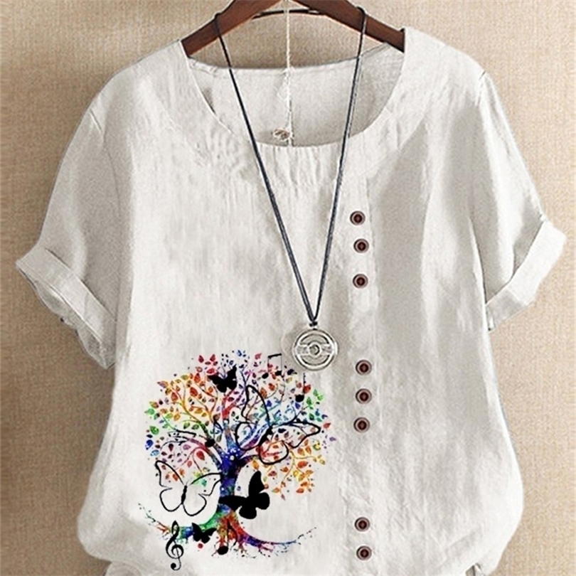 Womens Fashion Summer Music Tree Prined Round Neck Short Sleeve Tshirt Casual Loose Solid Color Blouse Tops Plus Size 220530
