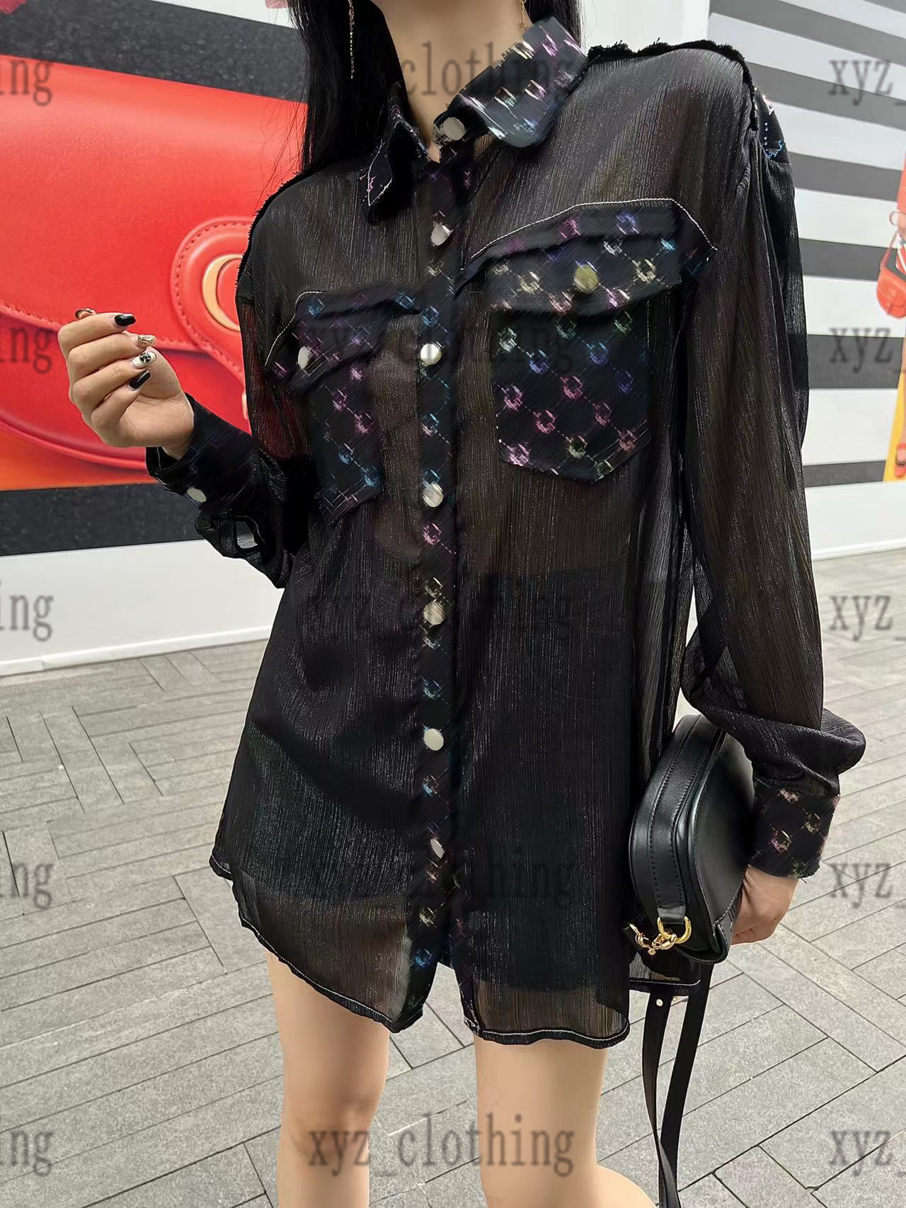 

2022 BLACK COLOR newly luxury womens blouses & shirts Quicksand mesh fabric stitching colorful denim shirts Full logo wash cotton blouse size SML