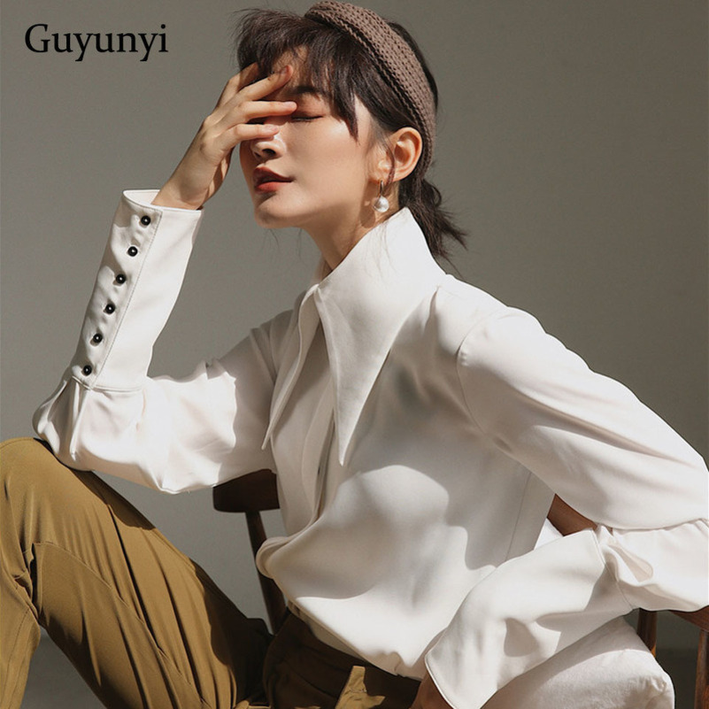 Angleterre Style Vintage Blouse Automne Blanc Lanterne À Manches Longues Grand Revers Pointu Simple Confortable Lâche Chemise Femmes Y200422