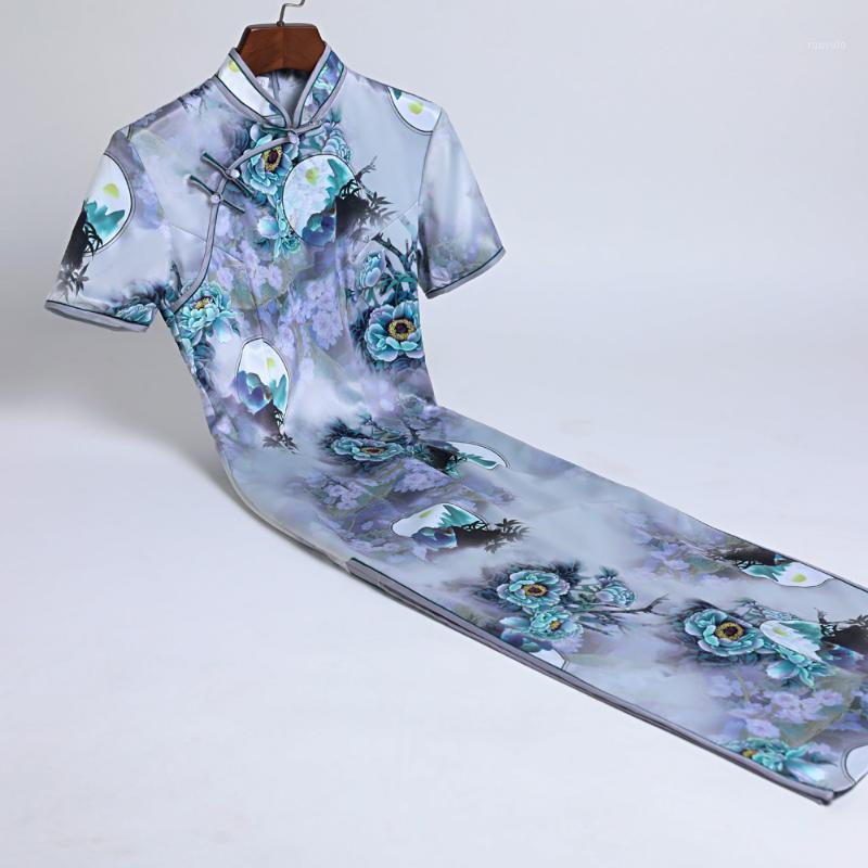 

Fancy Short Sleeve Qipao Dress Spring Summer Vintage Robe Vestidos Side Seam Split Ethnic Clothing
