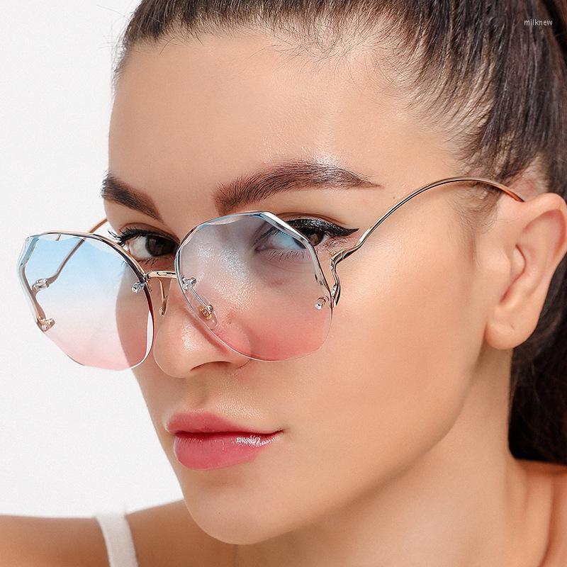 

Sunglasses Rimless Gradient Women Ocean Water Cut Trimmed Lens Metal Curved Temples Sun Glasses Female UV400 Shades Blue PinkSunglasses