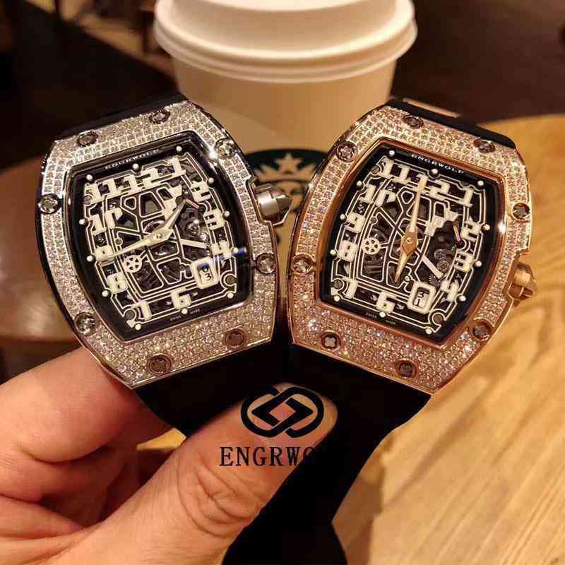 

Wine Barrel Watch Richa Milles Rm67-01 Series 2824 Automatic Machine Full Diamond Rose Gold Black Tape Male