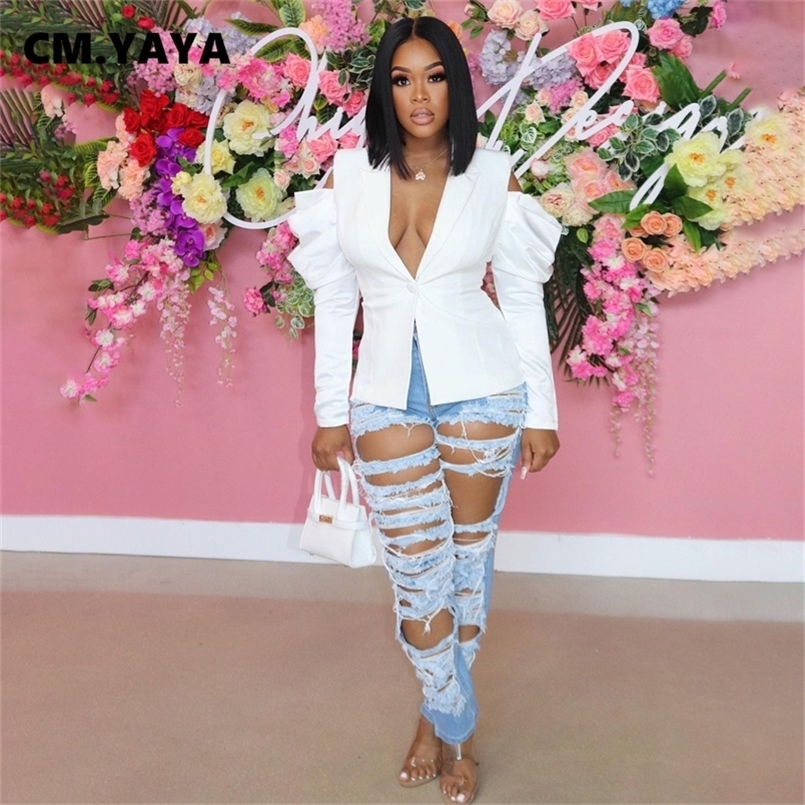 

CM.YAYA Women Blazers Full Puff Sleeve Notched Collar Single Button Slim Tops Offiece Lady Fashion Outfit Summer Clothing 220402, White