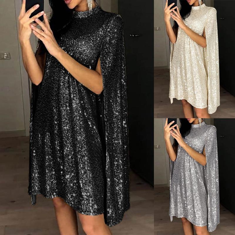 

Casual Dresses Sexy Party Sequin Glitter Dress Mock Neck Cape Design Sequins Cloak Sleeves Oversized Loose Fashion Banquet Gown, Gold