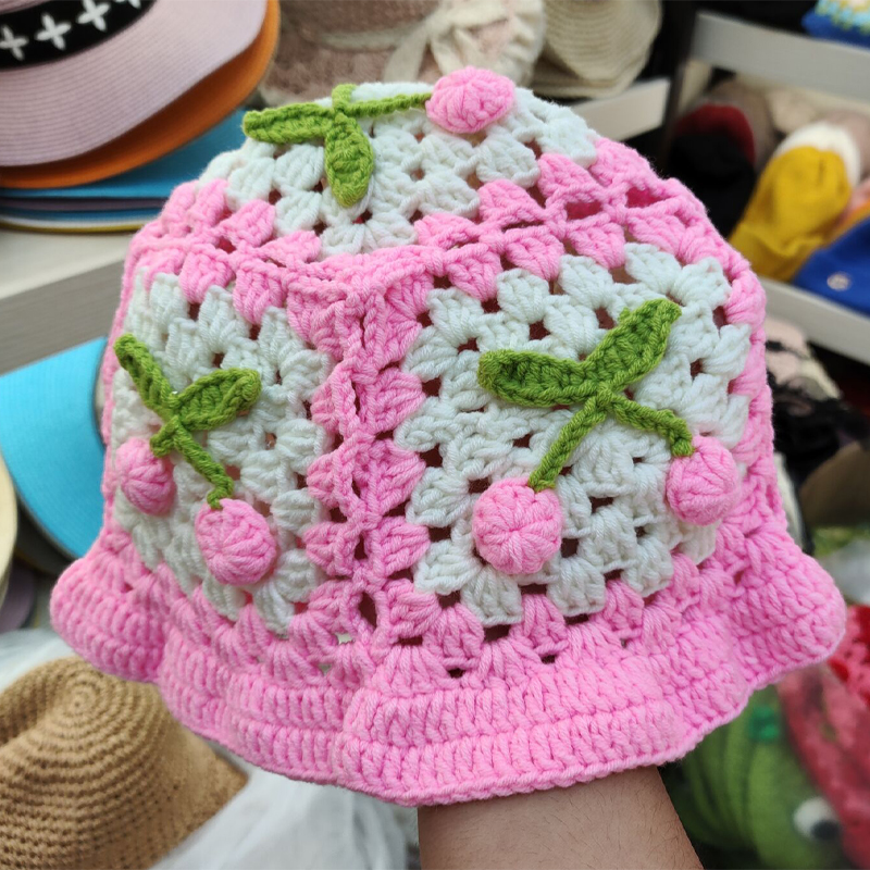 

Pure hand-knitted cherry wavy bucket hat, Pink