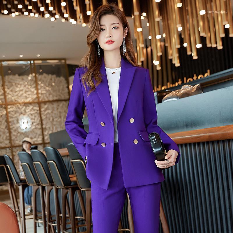 

Women' Two Piece Pants Autumn Winter Women Blazer And 2 Suit OL Styles Double Breasted Jacket Coat Blaser Formal Professional Trouser Suits, Purple coat