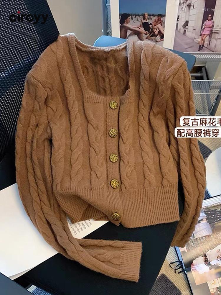 

Women's Knits & Tees French Vintage Cardigan Women Sweater Coffee Square Collar Single Breasted Knitted Autumn 2022 Clothes Long Sleeve TopW