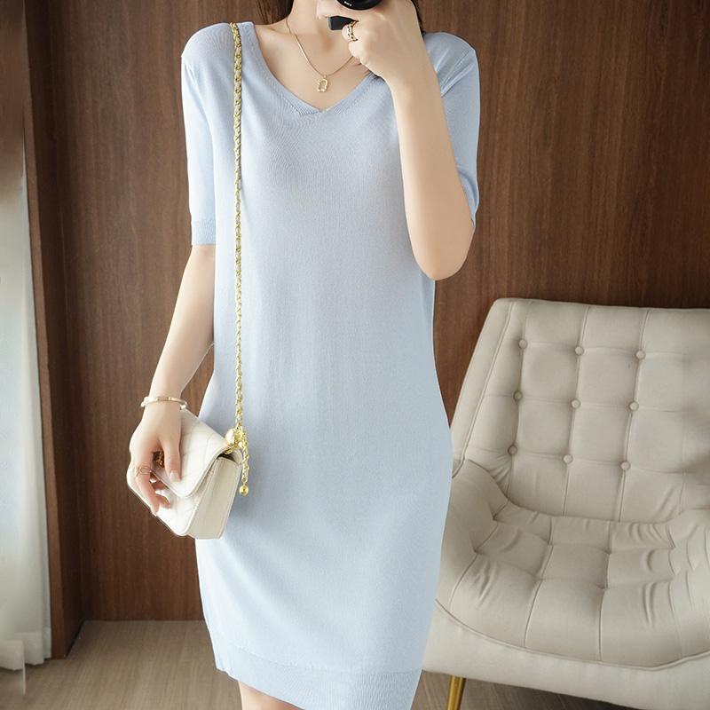 

Casual Dresses Summer Women' Knitted Dress Fashion Breathable Fabric Elegant All-match Long Skirt Slimming Skin-Friendly Retro SmoothCa, Black