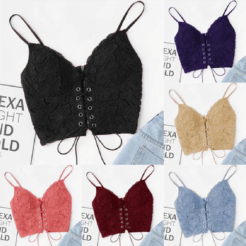 

Camisoles & Tanks Sexy Solid Lace Underwear Croptop Women V-Neck Bustier Bra Eyelet Up Spaghetti Strap Vest Zip Back Camisole Push BraletCam, Black