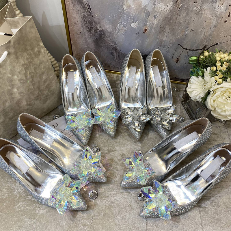 

Multi Color JIMMYs Pointed Toe High Heels Pumps Cinderella Crystal Shoes Bridal Rhinestone Diamond Party Wedding Shoe Women Flower Leather S, Fill postage