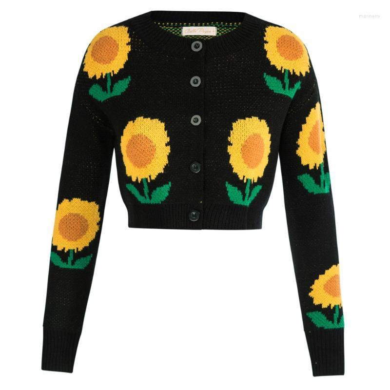 

Women' Knits & Tees Women Cropped Tops Female Printed Cardigan Sweater Long Sleeve Crew Neck Button-up Floral KnitwearWomen' Mari22, Black