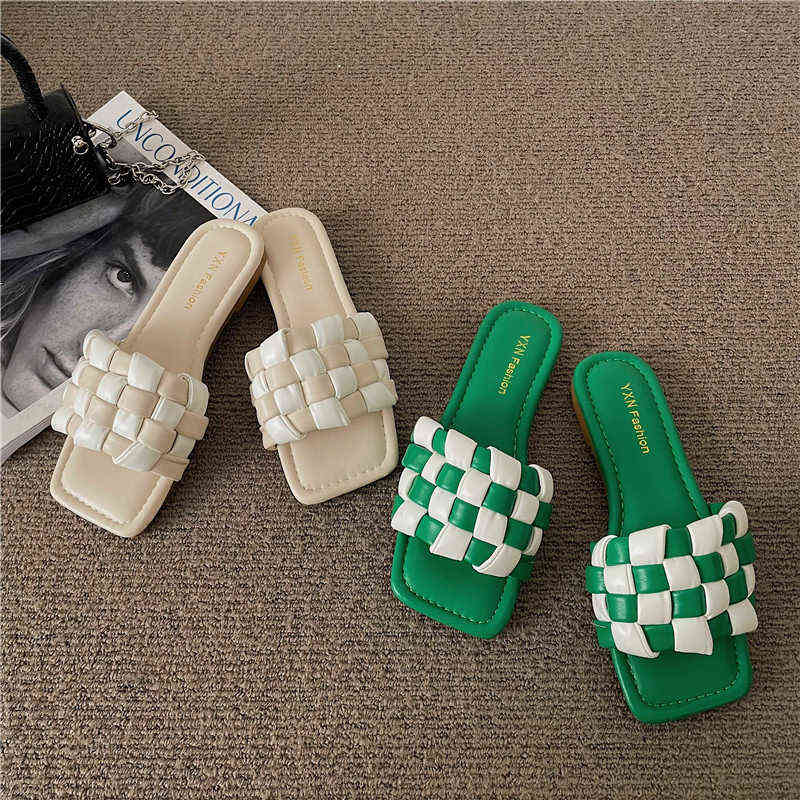 

Square Head Woven Slippers for Women 2022 Summer Flat Bottomed Beach Leisure One-sided Open Toe Sandals, Green