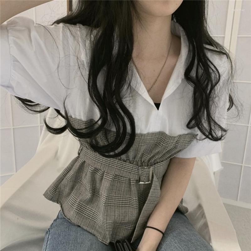 

Women's Blouses & Shirts Women Summer Plaid Patchwork Sashes Blouse Slim Waist Turn-down Collar Shirt Pullover TopWomen's Vere22, Image color