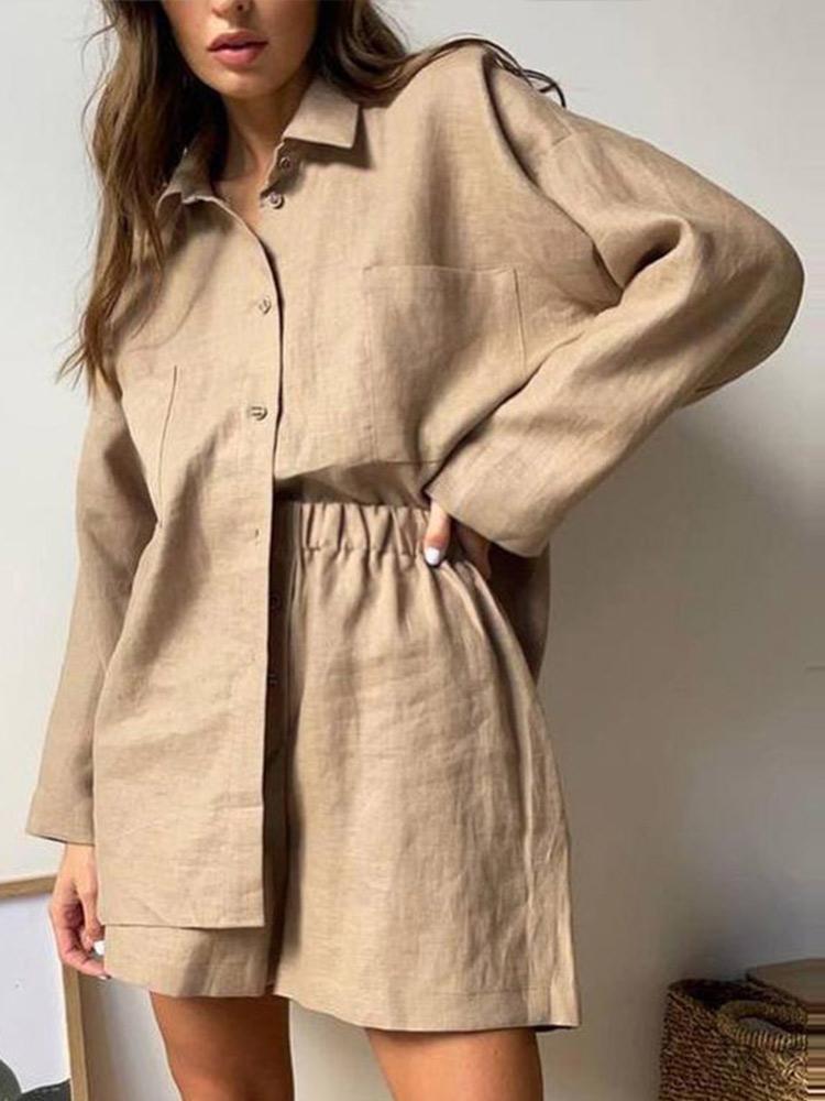 

Women' Tracksuits Women Casual Solid Outfits Loose Long Sleeve Shirts And Mini Shorts Suits Summer Fashion High Waist Two Piece SetsWomen, White
