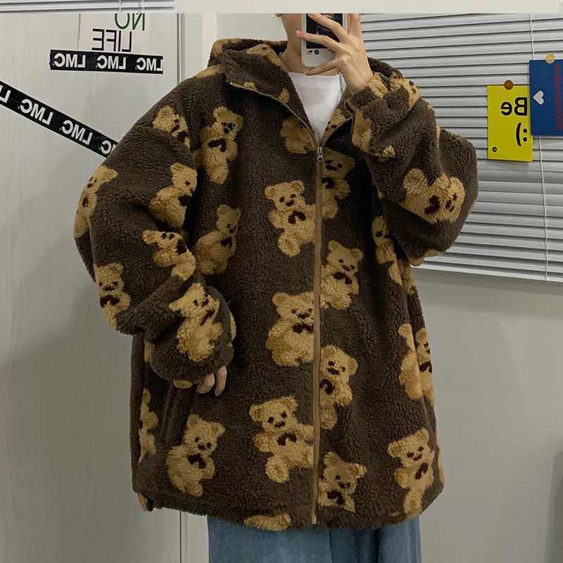 

Y2K Spring Winter Plush Retro Clothing Zip Up Oversized Hooded Sweatshirts Print Bear Cartoons Hoodies Brown Jacket Streetwear, Nz626-black