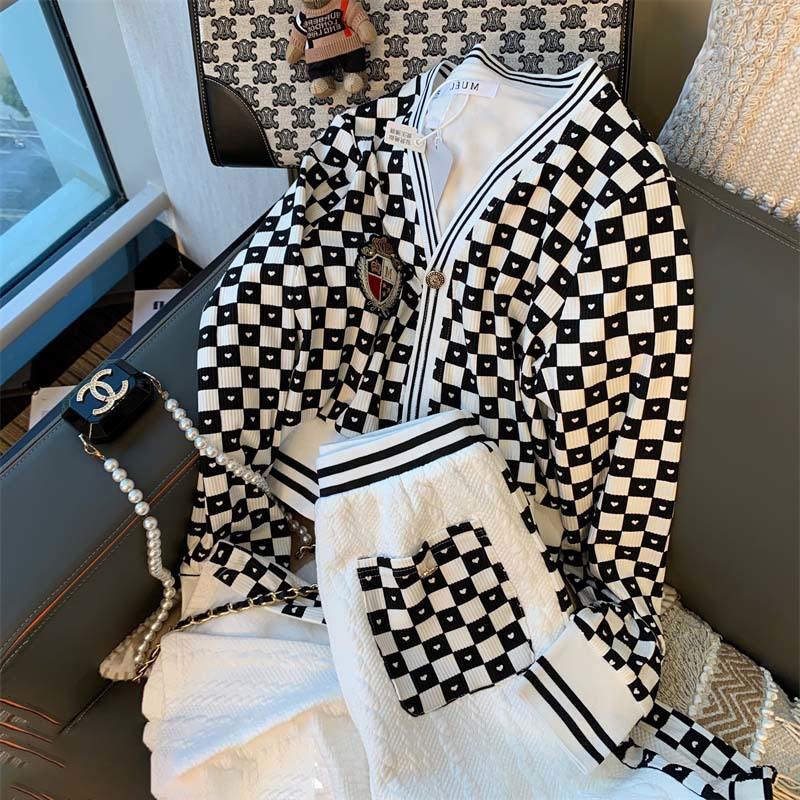 

Ladies Long Pants Set checkerboard small fragrance casual sports suit women's spring/autumn high-grade celebrity temperament fashion knitted two-piece set, One color