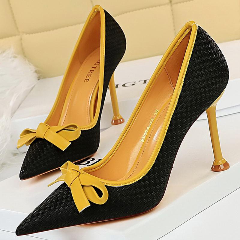 

Dress Shoes BIGTREE Bowknot Woman Pumps Pointed Toe High Heels Designer Weave Stiletto Female Fashion Footwear, Black