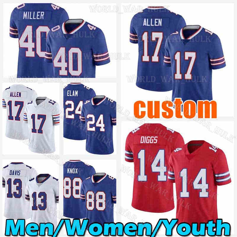 

17 Josh Allen Jersey Stefon Diggs Buffalos 40 Von Miller Billes Dawson Knox Football Gabriel Davis 10 Khalil Shakir Matt Milano Araiza Kaiir Elam Micah Hyde Tyler Bass, Youth custom jersey(b e)
