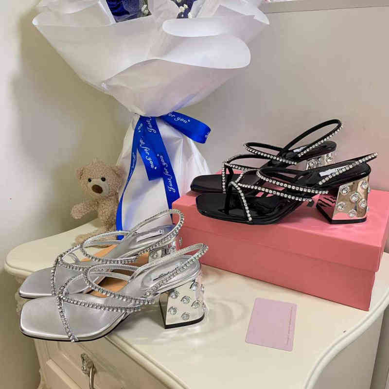 

home Rhinestone one-sided high-heeled 2022 spring new sexy open toe back empty thick heeled sandals women, Black