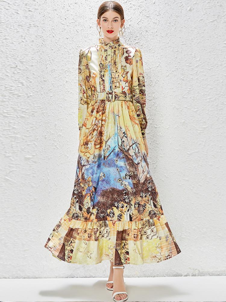 

Casual Dresses Banulin Runway Designer Retro Ruched Woman Long Dress Elegant Vintage Printed Lantern Sleeve Ruffles Party Vestidos N5177Casu, Yellow