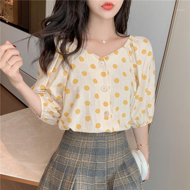 

Dot Print Womens Tops And Blouses Summer Yellow Green Blusas Casual Loose Shirt Bohemia 2022 Chemisier Femme Button Blouse Mujer Women